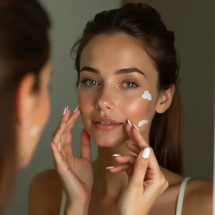 Young woman applying face cream while looking in the mirror.