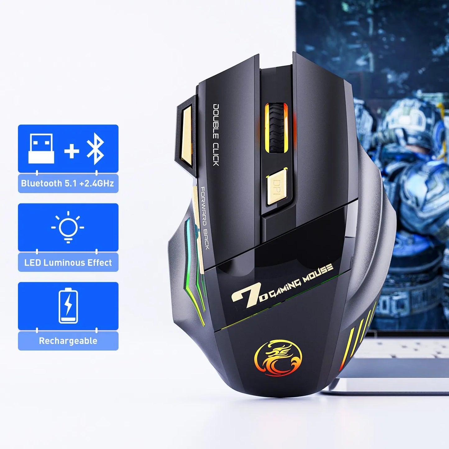Favolux™ Wireless Dual Mode Rechargeable 7 Keys Gaming Mouse