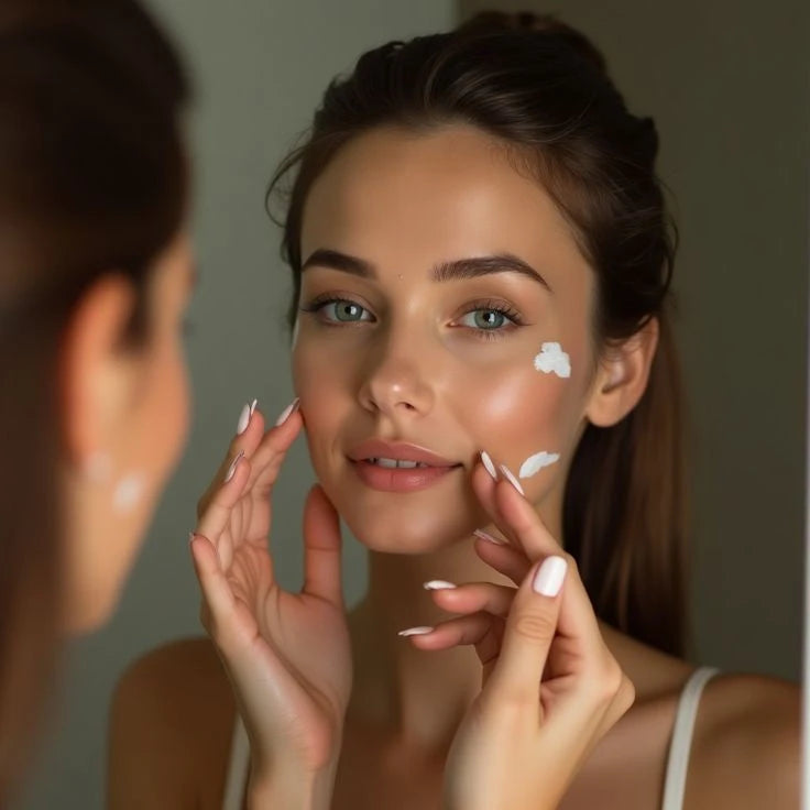 Young woman applying face cream while looking in the mirror.
