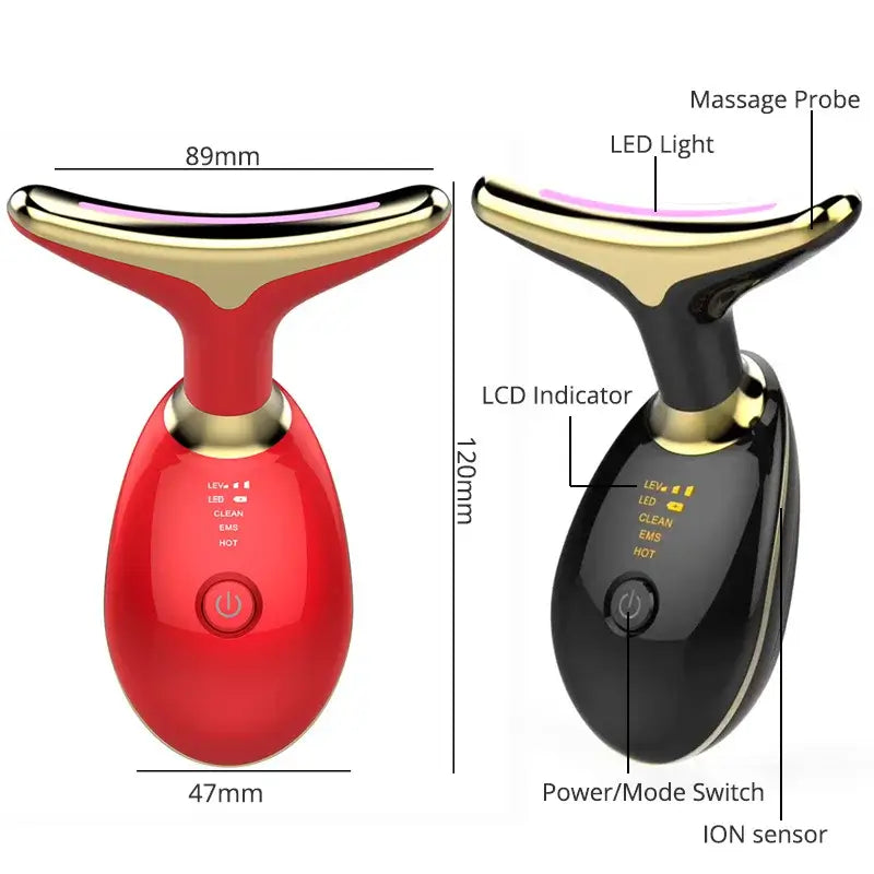 Favolux™EMS Thermal Neck Lifting and Tighten Massager with LED lights and LCD indicator in red and black colors.