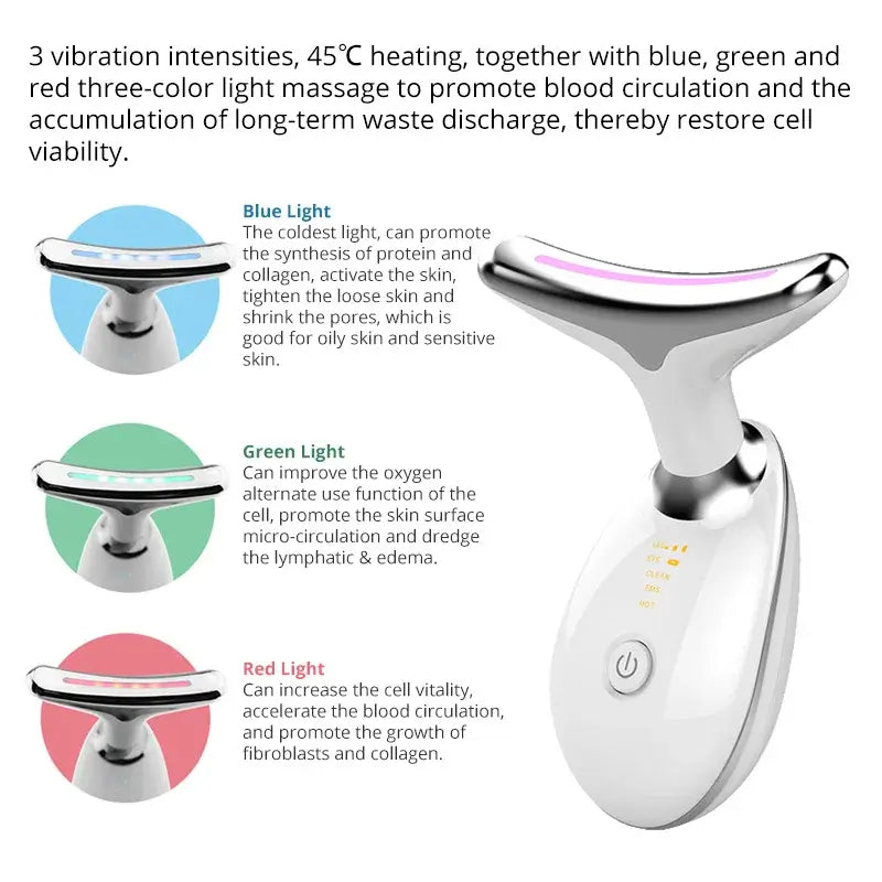 Favolux™EMS Thermal Neck Massager with LED Photon Light for Skin Tightening and Wrinkle Removal, featuring blue, green, red lights.