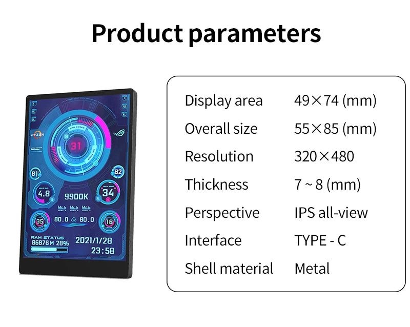 Favolux™ 3.5 Inch IPS Type C Secondary Screen for Computer CPU GPU RAM HDD Display 320*480 USB LCD Monitor Freely AIDA64 Windows 10 11