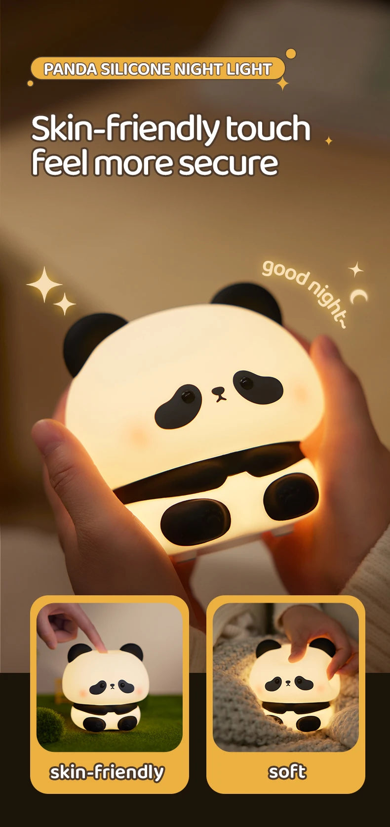 Favolux™ Panda LED Night Light Cute Silicone Night Light USB Rechargeable Touch Night Lamp Bedroom Timing Lamp Decoration Children's Gift