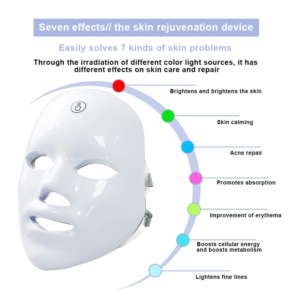 Favolux™ 7 Colors LED Facial Mask Photon Therapy Face Skin Care Mask Anti Acne Therapy Skin Rejuvenation Wrinkle Removal Face Beauty Mask