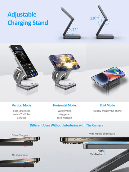 Favolux™ Wireless Charger 3 in 1 Foldable Magnetic Wireless Charging Station for iPhone 15 14 13 12 Pro Max Apple Watch 8 9 Charger