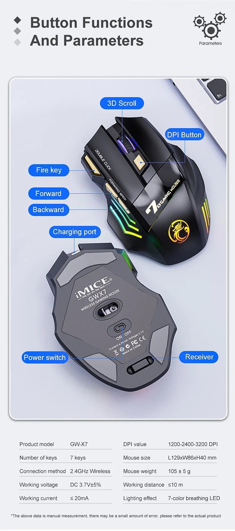 Favolux™ Wireless Gaming Mouse USB IMICE GW-X7 3200DPI Dual Mode Rechargeable 7 Keys 2.4Ghz Silent Mouse Bluetooth 7-color Breathing LED