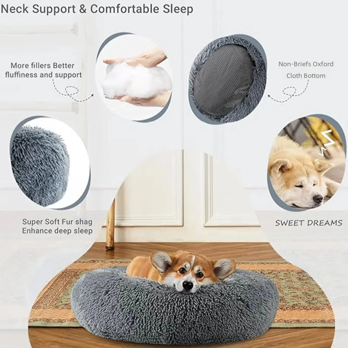 Favolux™ 40-90cm Round Pet Bed for Large Dog Bed Super Soft Cat Bed Long Plush Dog House for Medium Dog House Winter Warm Sleeping