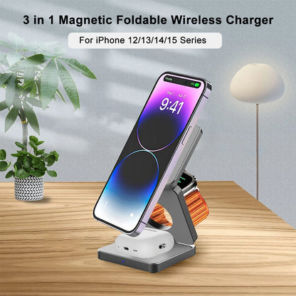 Favolux™ Wireless Charger 3 in 1 Foldable Magnetic Wireless Charging Station for iPhone 15 14 13 12 Pro Max Apple Watch 8 9 Charger