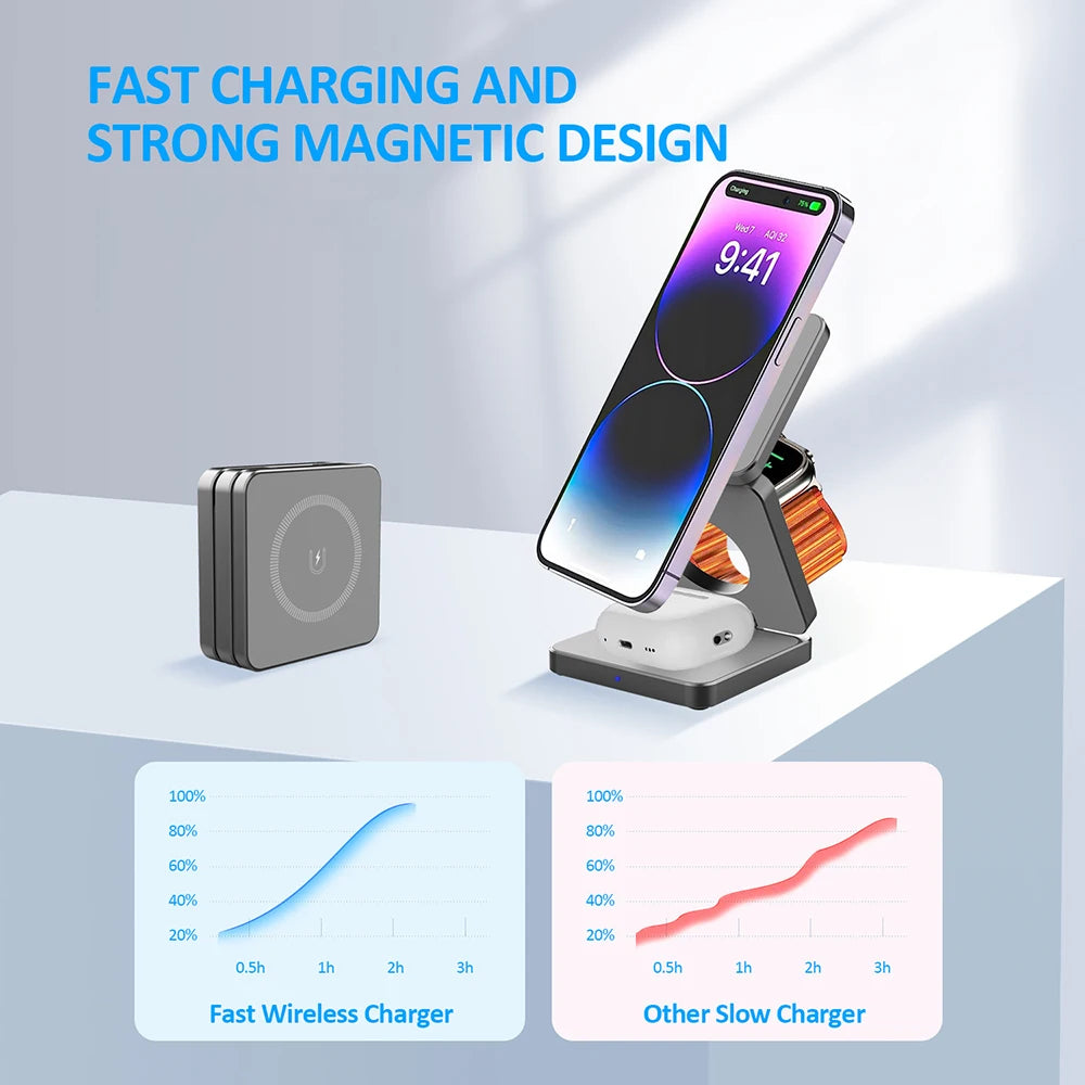 Favolux™ Wireless Charger 3 in 1 Foldable Magnetic Wireless Charging Station for iPhone 15 14 13 12 Pro Max Apple Watch 8 9 Charger