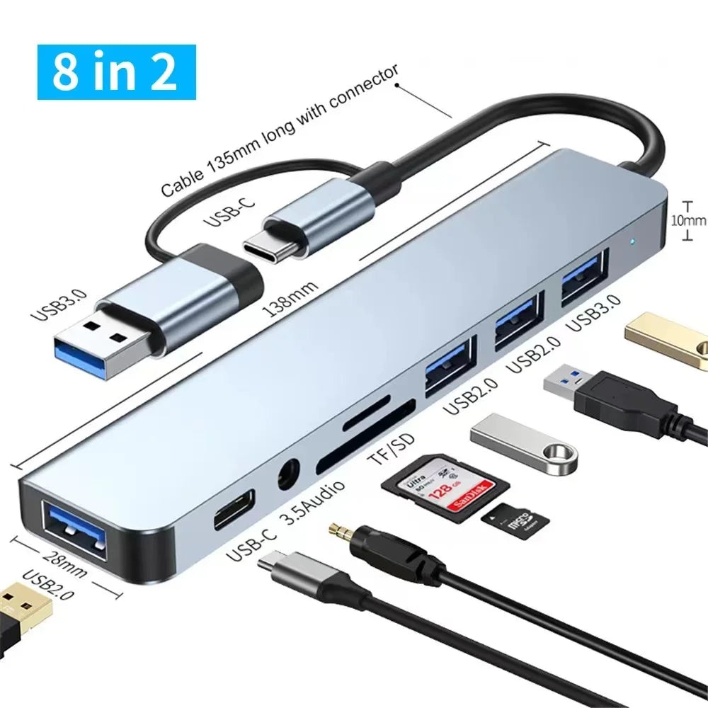 Favolux™ 8 In 2 USB HUB With Splitter Card Reader, USB C Port, USB 3.0 / 2.0, SD/TF Splitter Card Reader, Docking Station