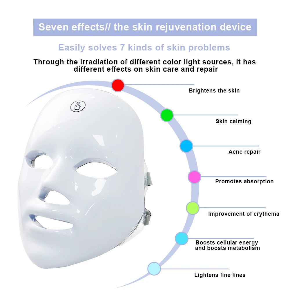 Favolux™ 7 Colors LED Facial Mask Photon Therapy Face Skin Care Mask Anti Acne Therapy Skin Rejuvenation Wrinkle Removal Face Beauty Mask