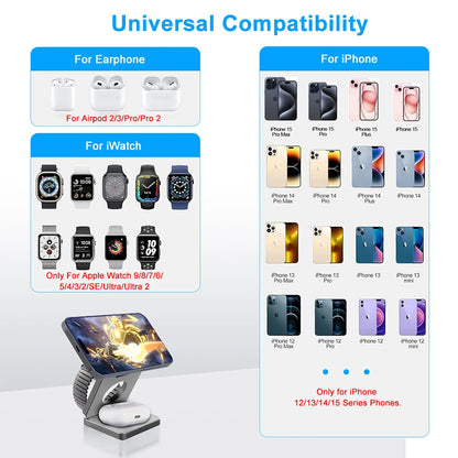 Favolux™ Wireless Charger 3 in 1 Foldable Magnetic Wireless Charging Station for iPhone 15 14 13 12 Pro Max Apple Watch 8 9 Charger