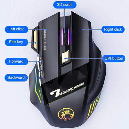 Favolux™ Wireless Gaming Mouse USB IMICE GW-X7 3200DPI Dual Mode Rechargeable 7 Keys 2.4Ghz Silent Mouse Bluetooth 7-color Breathing LED