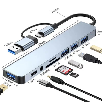 Favolux™ 8 In 2 USB HUB With Splitter Card Reader, USB C Port, USB 3.0 / 2.0, SD/TF Splitter Card Reader, Docking Station