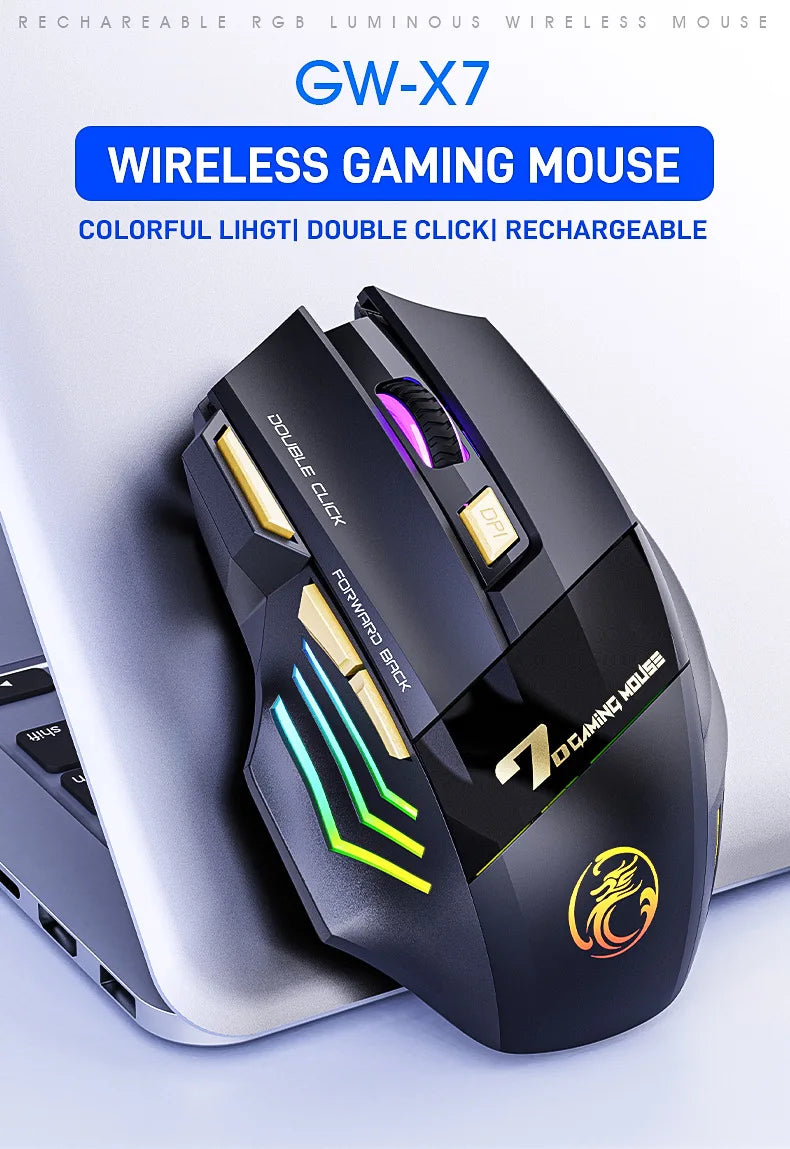 Favolux™ Wireless Gaming Mouse USB IMICE GW-X7 3200DPI Dual Mode Rechargeable 7 Keys 2.4Ghz Silent Mouse Bluetooth 7-color Breathing LED